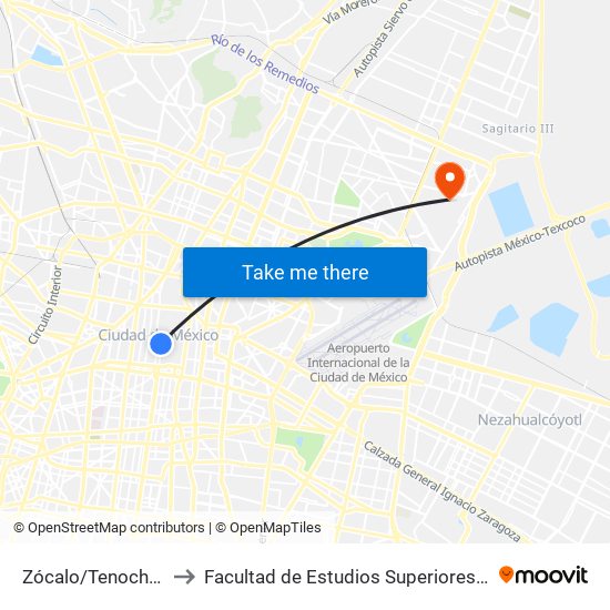 Zócalo/Tenochtitlán to Facultad de Estudios Superiores Aragón map