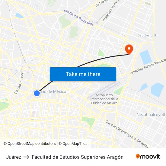 Juárez to Facultad de Estudios Superiores Aragón map