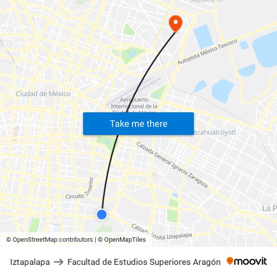Iztapalapa to Facultad de Estudios Superiores Aragón map