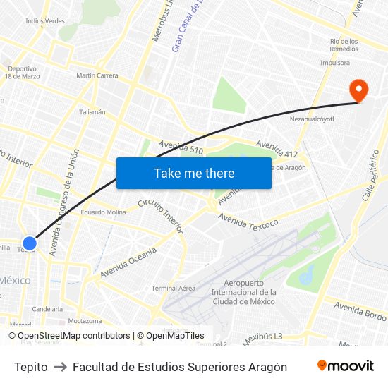 Tepito to Facultad de Estudios Superiores Aragón map