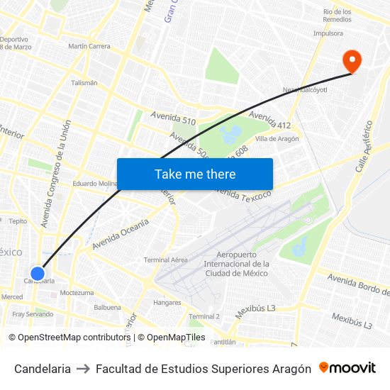 Candelaria to Facultad de Estudios Superiores Aragón map