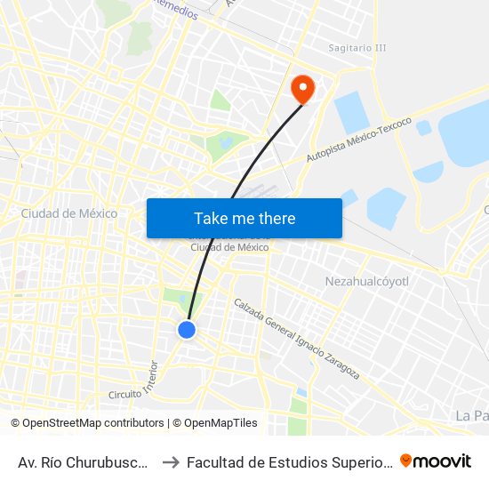 Av. Río Churubusco - Av. Té to Facultad de Estudios Superiores Aragón map