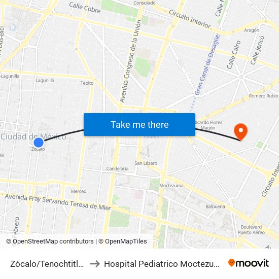 Zócalo/Tenochtitlán to Hospital Pediatrico Moctezuma map