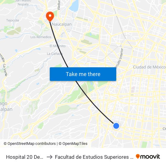 Hospital 20 De Nov. to Facultad de Estudios Superiores Acatlán map