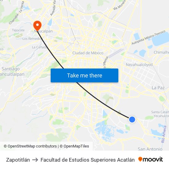 Zapotitlán to Facultad de Estudios Superiores Acatlán map