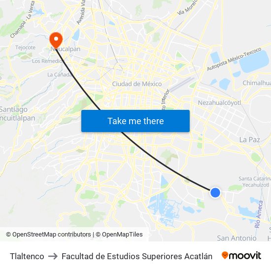 Tlaltenco to Facultad de Estudios Superiores Acatlán map