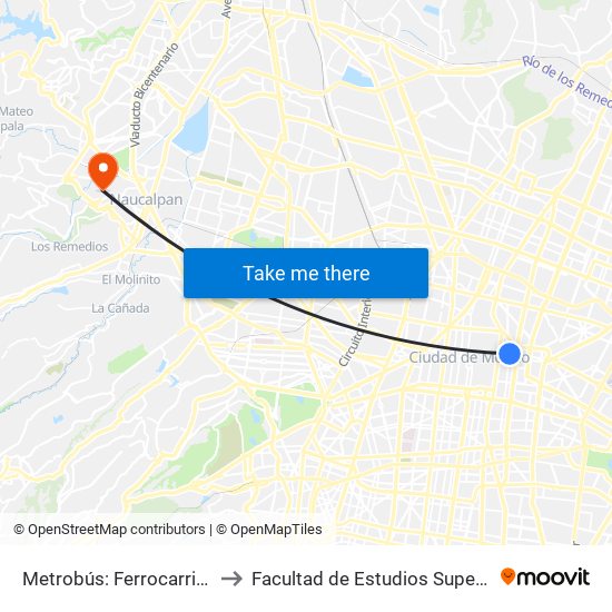 Metrobús: Ferrocarril de Cintura to Facultad de Estudios Superiores Acatlán map