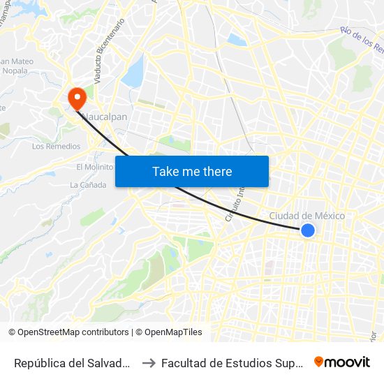 República del Salvador - Mesones to Facultad de Estudios Superiores Acatlán map