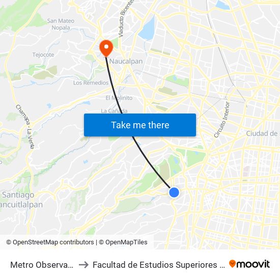 Metro Observatorío to Facultad de Estudios Superiores Acatlán map