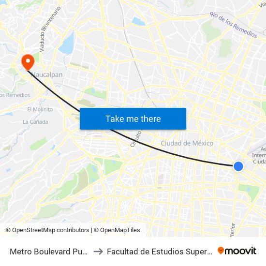 Metro Boulevard Puerto Aéreo to Facultad de Estudios Superiores Acatlán map