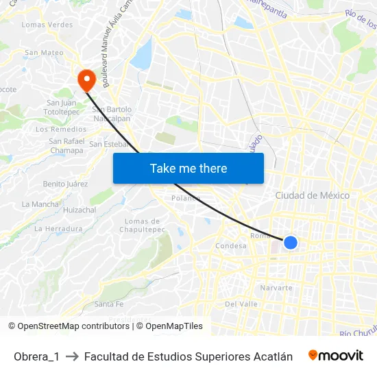 Obrera_1 to Facultad de Estudios Superiores Acatlán map