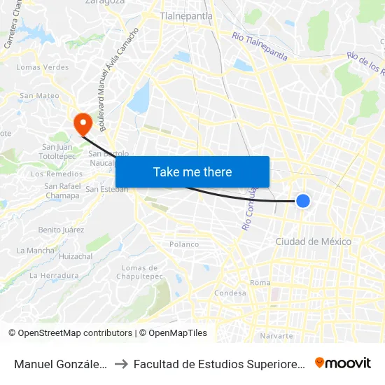 Manuel González_1_3 to Facultad de Estudios Superiores Acatlán map