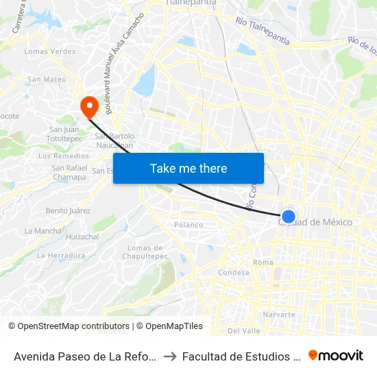 Avenida Paseo de La Reforma - Metro Hidalgo_1 to Facultad de Estudios Superiores Acatlán map
