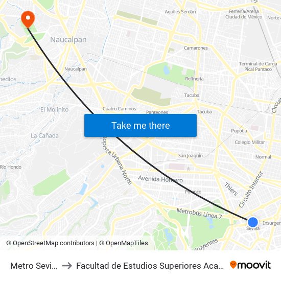 Metro Sevilla to Facultad de Estudios Superiores Acatlán map