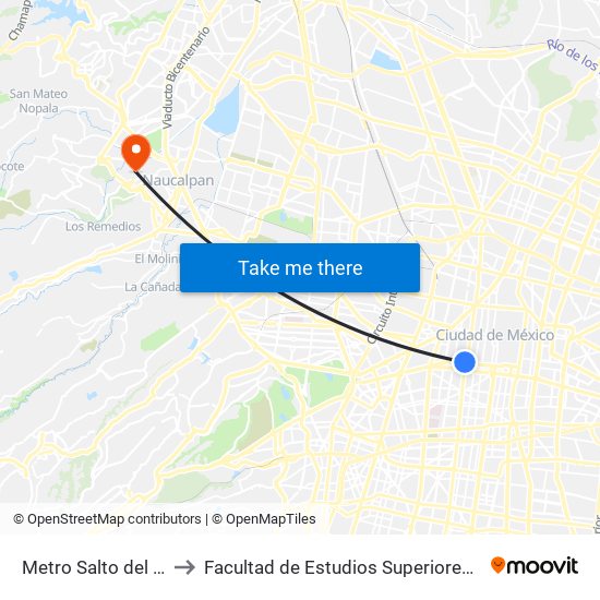 Metro Salto del Agua to Facultad de Estudios Superiores Acatlán map