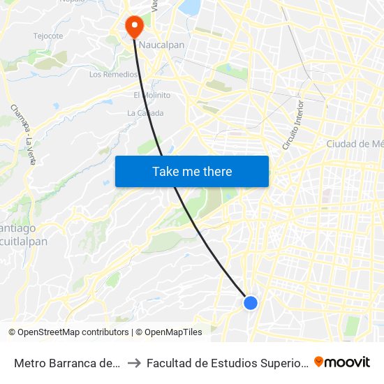 Metro Barranca del Muerto to Facultad de Estudios Superiores Acatlán map