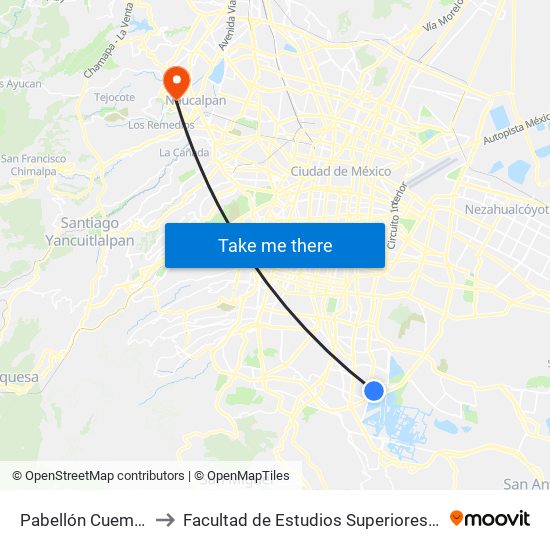 Pabellón Cuemanco to Facultad de Estudios Superiores Acatlán map