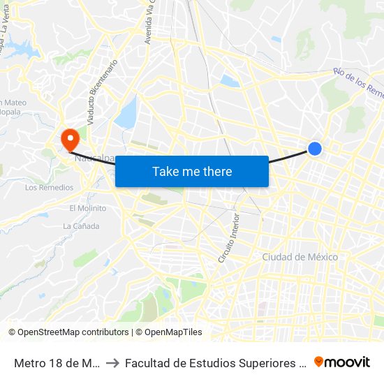 Metro 18 de Marzo to Facultad de Estudios Superiores Acatlán map