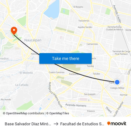 Base Salvador Díaz Mirón -  Priv. Díaz Mirón to Facultad de Estudios Superiores Acatlán map