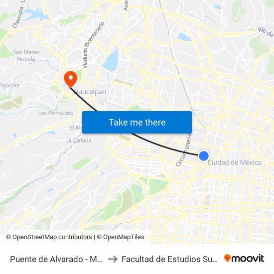 Puente de Alvarado - Metro Revolución to Facultad de Estudios Superiores Acatlán map