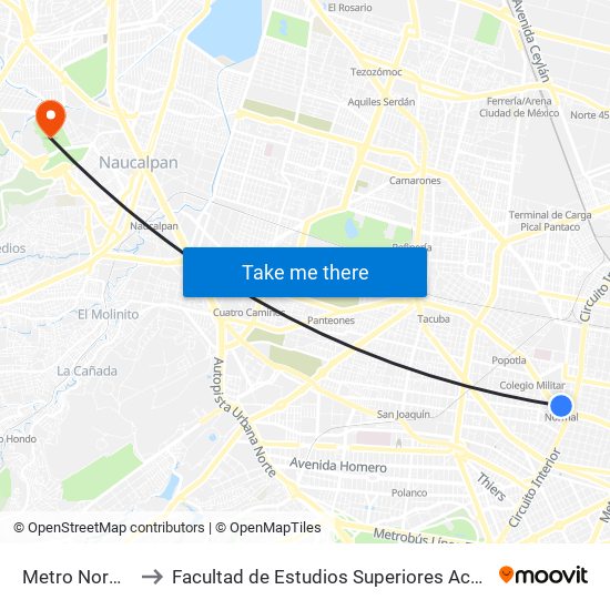 Metro Normal to Facultad de Estudios Superiores Acatlán map