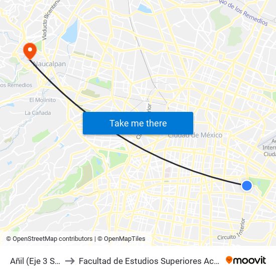 Añil (Eje 3 Sur) to Facultad de Estudios Superiores Acatlán map