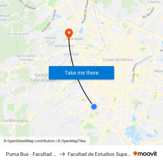 Puma Bus - Facultad de Filosofía to Facultad de Estudios Superiores Acatlán map
