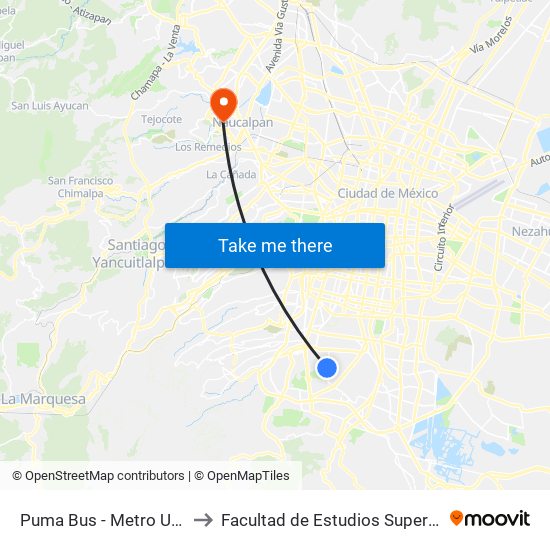 Puma Bus - Metro Universidad to Facultad de Estudios Superiores Acatlán map