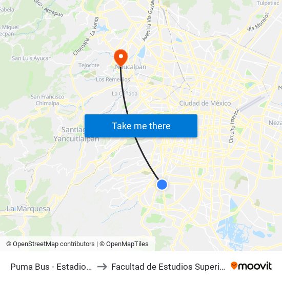 Puma Bus - Estadio Olimpico to Facultad de Estudios Superiores Acatlán map