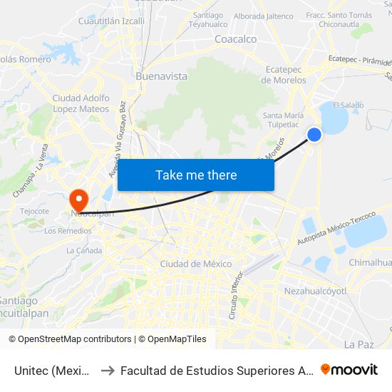 Unitec (Mexibus) to Facultad de Estudios Superiores Acatlán map