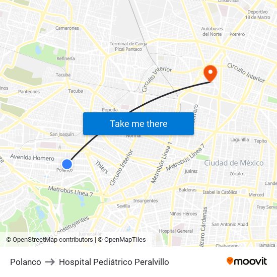 Polanco to Hospital Pediátrico Peralvillo map