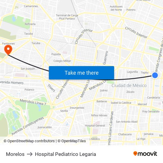 Morelos to Hospital Pediatrico Legaria map