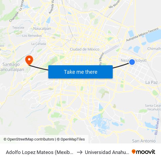 Adolfo Lopez Mateos (Mexibus) to Universidad Anahuac map