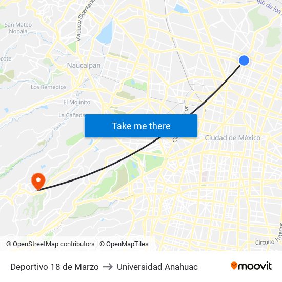 Deportivo 18 de Marzo to Universidad Anahuac map