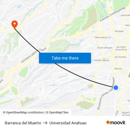 Barranca del Muerto to Universidad Anahuac map