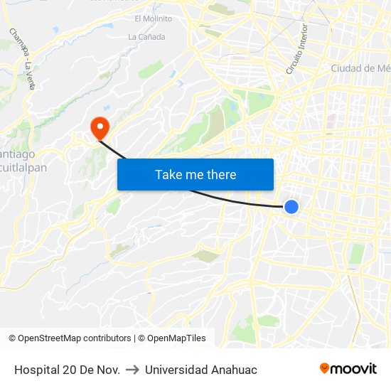 Hospital 20 De Nov. to Universidad Anahuac map