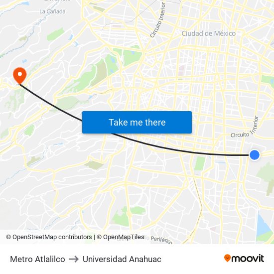 Metro Atlalilco to Universidad Anahuac map