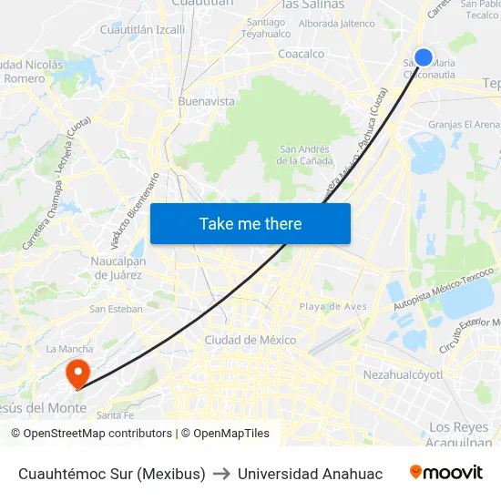 Cuauhtémoc Sur (Mexibus) to Universidad Anahuac map
