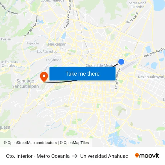 Cto. Interior - Metro Oceanía to Universidad Anahuac map