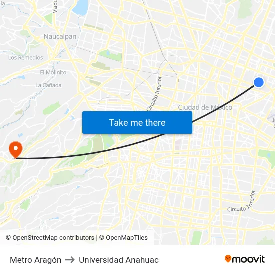 Metro Aragón to Universidad Anahuac map