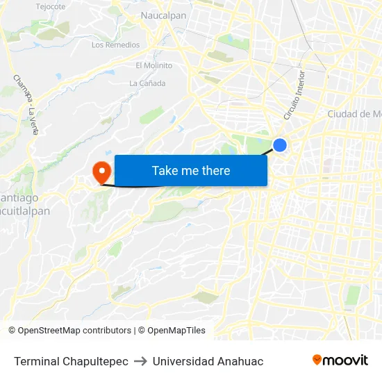 Terminal Chapultepec to Universidad Anahuac map