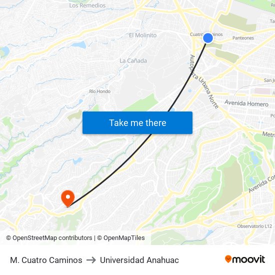 M. Cuatro Caminos to Universidad Anahuac map