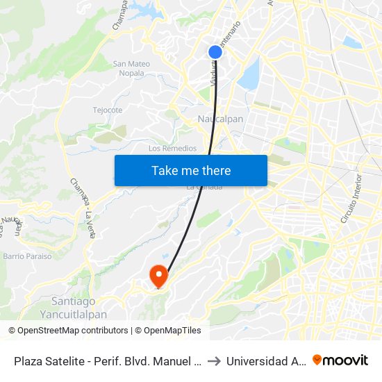 Plaza Satelite - Perif. Blvd. Manuel Ávila Camacho to Universidad Anahuac map