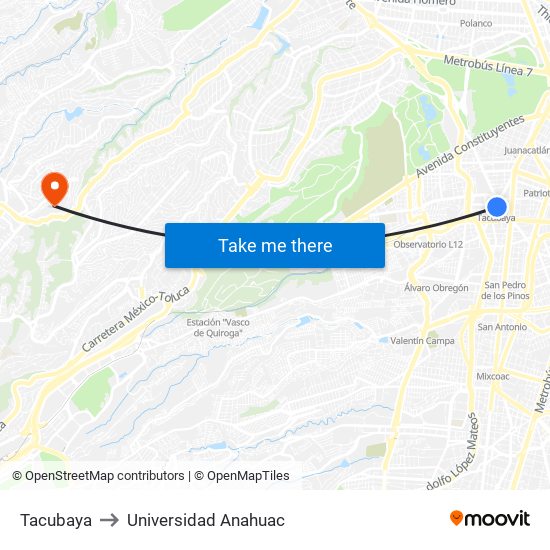 Tacubaya to Universidad Anahuac map