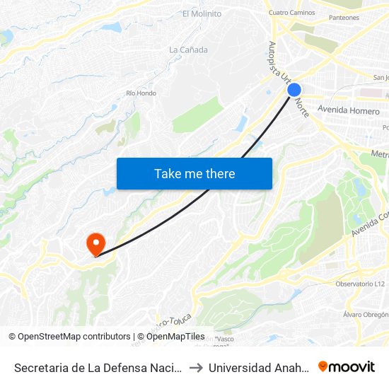 Secretaria de La Defensa Nacional to Universidad Anahuac map