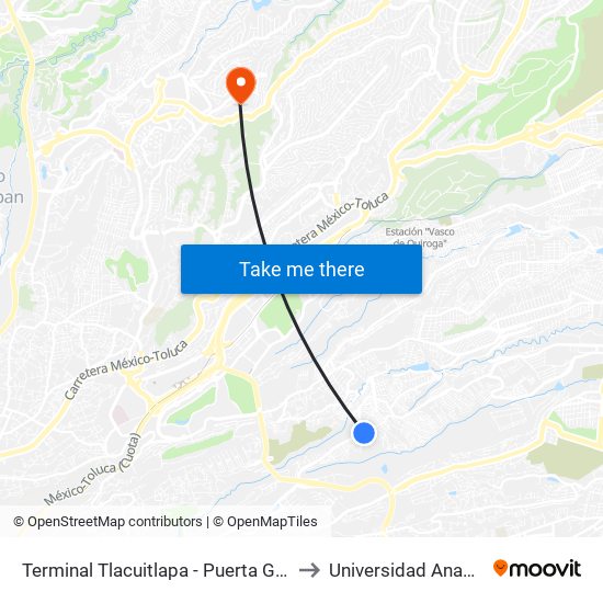 Terminal Tlacuitlapa - Puerta Grande to Universidad Anahuac map