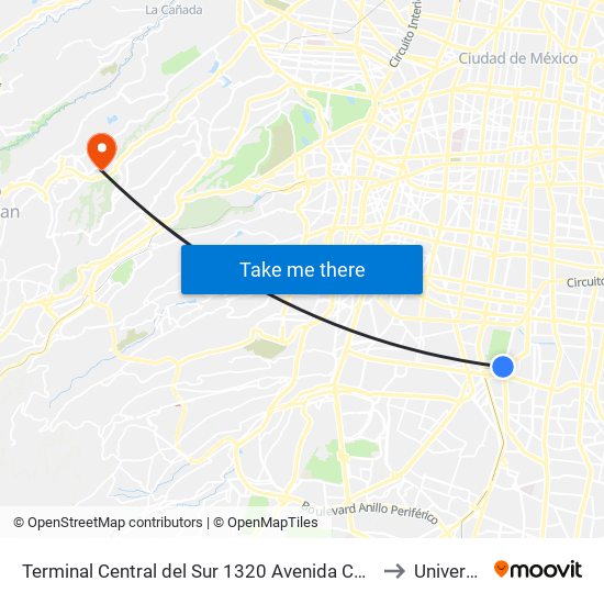 Terminal Central del Sur 1320 Avenida Canal de Miramontes Campestre Coyoacán Cdmx 04200 México to Universidad Anahuac map