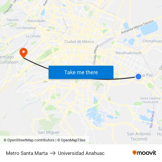 Metro Santa Marta to Universidad Anahuac map