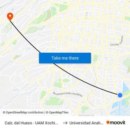 Calz. del Hueso - UAM Xochimilco to Universidad Anahuac map