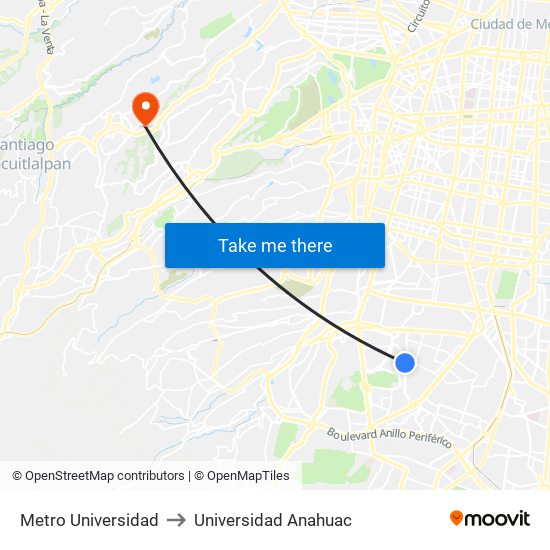 Metro Universidad to Universidad Anahuac map